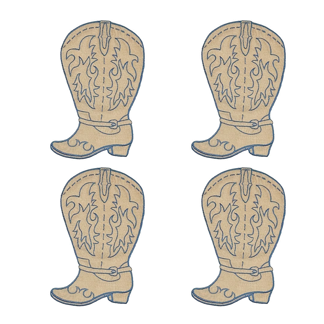 Servilletas cocteleras en forma de bota vaquera en lino caramel con bordado azul, marca Zash