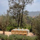 Mantelería Olivos con Individuales Blossom Bordado en Algodón Verde Olivo y Servilletas con Bordado de Aceitunas en Lino Arena. Set para 4 personas