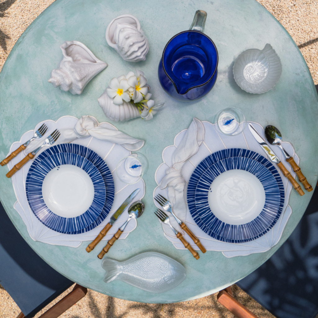 Set de 4 Platos Trinche con Plato Sopero Azul con Rayas Blancas