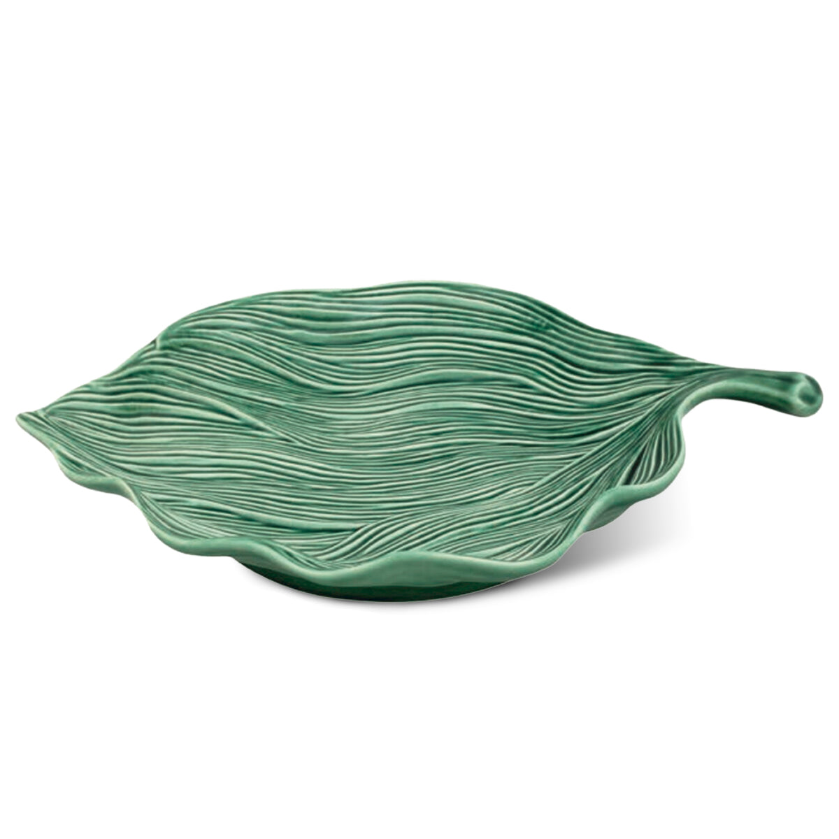 Platón fuente de cerámica en forma de hoja verde, marca Bordallo Pinheiro