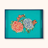 Charola Rectangular de Madera con Flores Reina