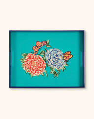 Charola Rectangular de Madera con Flores Reina