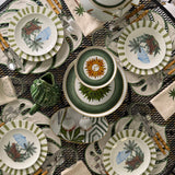 Plato Trinche Candy Cane Verde con Platos de Ensalada Leopardo con Sombrilla Azul, Platos de Pan Cheetah. Set para 4 personas