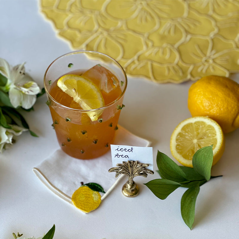 Cocteleras de Lino con Bordado de Limón Amarillo.