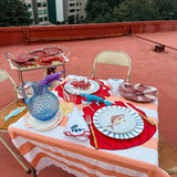 Set de Vajilla Platos Trinche Candy Cane Rayas Azules y Platos de Ensalada Puntitos y Pez. Set para 4 personas