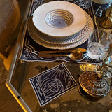 Cocteleras Talismán en Lino Azul Marino con Bordado Plateado. Set de 4