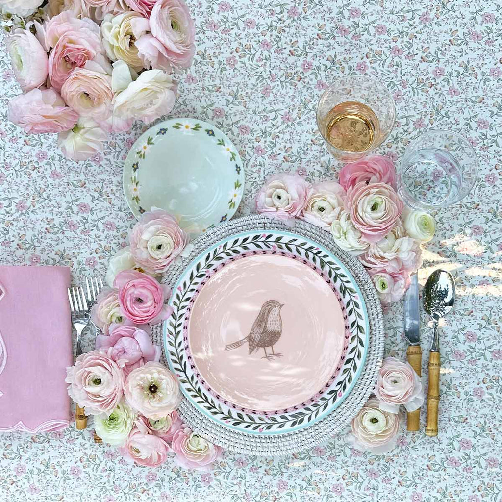 Set Vajilla completa Garden Bird con 4 Platos Trinches con Borde de Flores, 4 Platos de Ensalada Pájaro Pink y 4 Platos de Pan Menta con Guirnalda de Flores