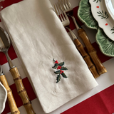 Servilletas en Lino Blanco con Bordado de Muérdago. Set de 4