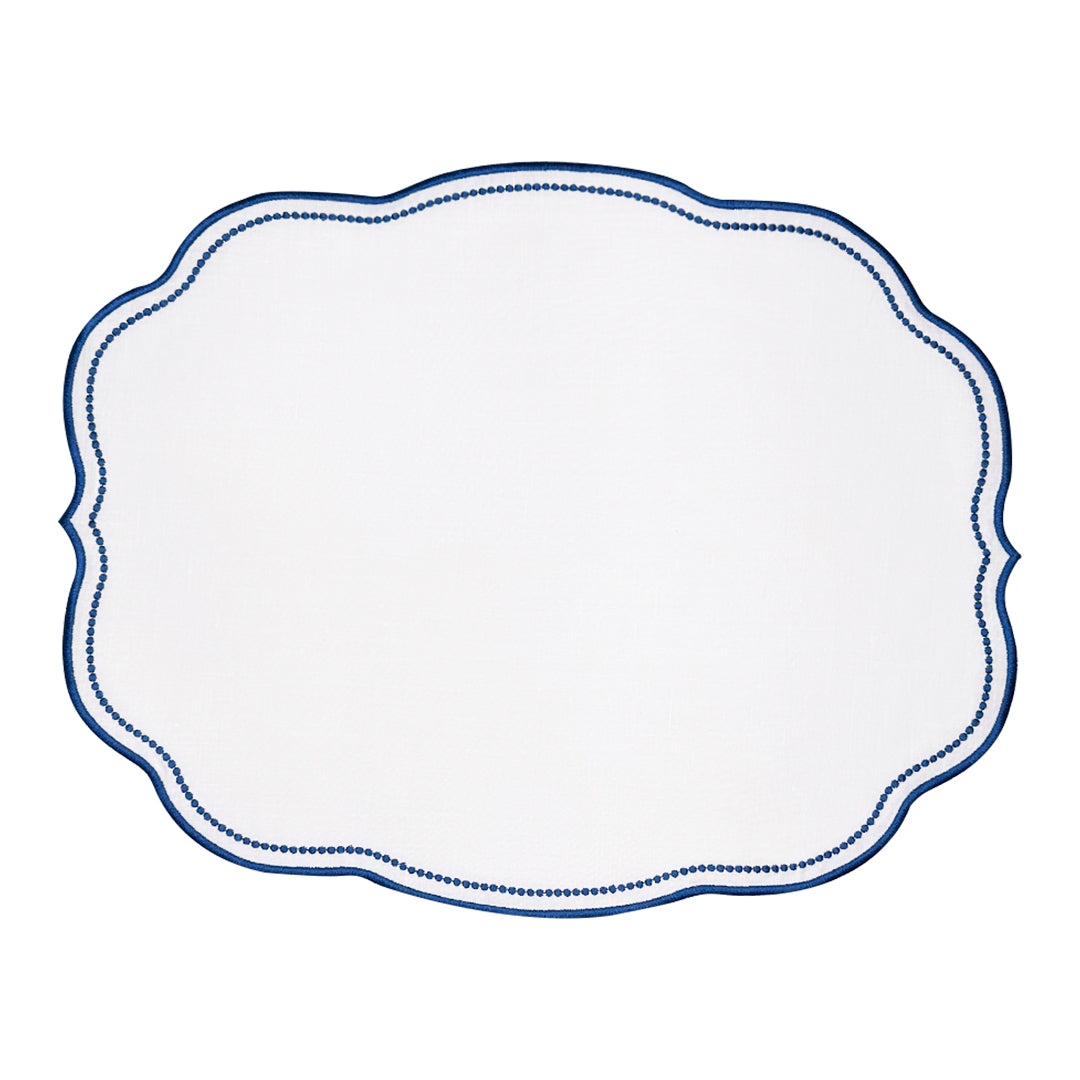 Mantel Individual Sofía en lino blanco con doble bordado en azul rey, marca Zash