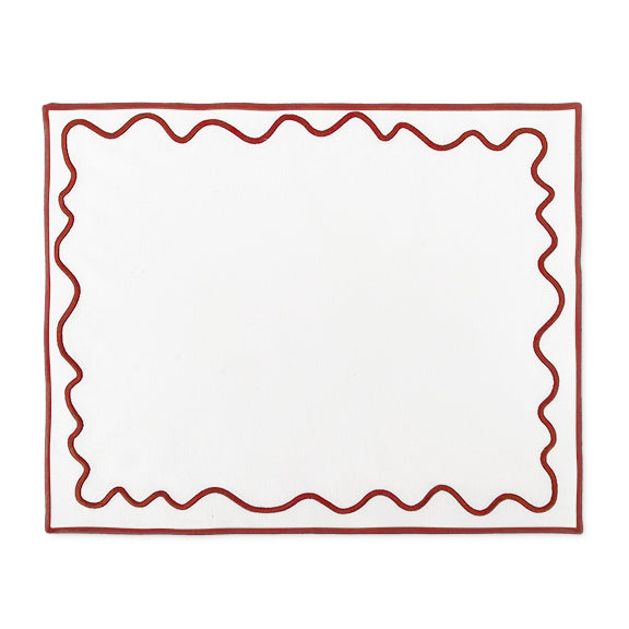 Individuales Regina rectangular de loneta blanca con ondas y orilla bordada en rojo, marca Zash