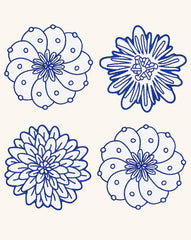 Coasters Identidad en Lino Blanco con Bordado de Biznaga, Pasiflora y Dalia Azules. Set de 4