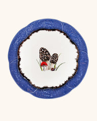 Vajilla con Platos Trinche de Repollo Azul Cobalto y Platos para Ensalada con Hongos Morillas. Set para 4 personas