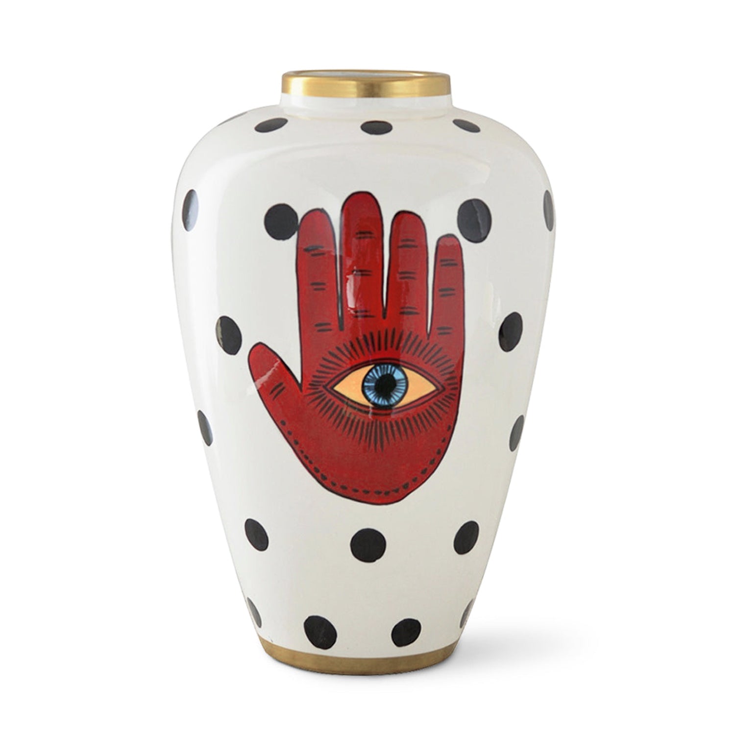 Vasija alta de cerámica blanca con polka dots y ilustración de mano con ojo místico