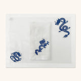 Juego 4 Manteles Individuales con 4 Servilletas en Lino Blanco con Bordado de Dragón Azul