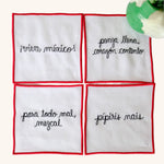 Juego de 4 Servilletas de coctel Bordadas con frases de Viva México y Envueltas en Bolsita de Mercado, rojo