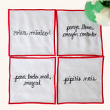 Juego de 4 Servilletas de coctel Bordadas con frases de Viva México y Envueltas en Bolsita de Mercado, rojo