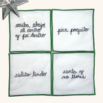 Juego de 4 Servilletas de coctel Bordadas con frases de Viva México y Envueltas en Bolsita de Mercado, verde 