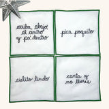 Juego de 4 Servilletas de coctel Bordadas con frases de Viva México y Envueltas en Bolsita de Mercado, verde 