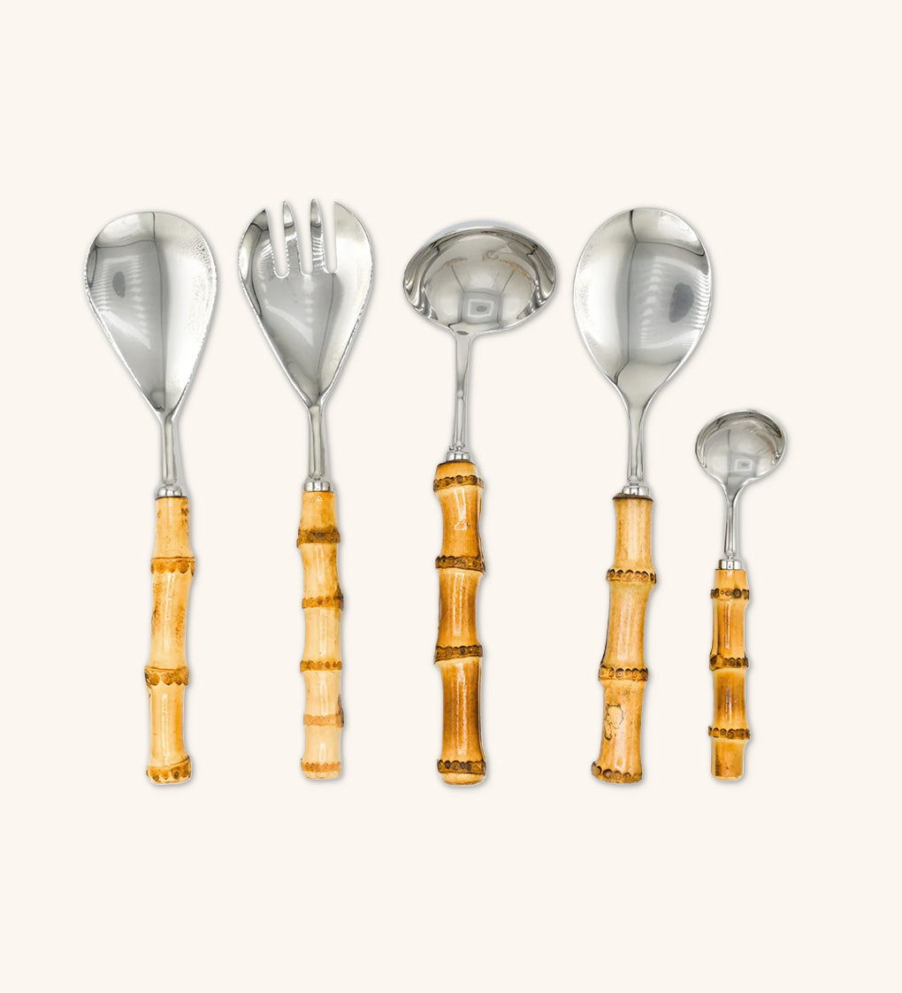 Juego de 5 Cubiertos para Servir con Mango de Bambú Natural