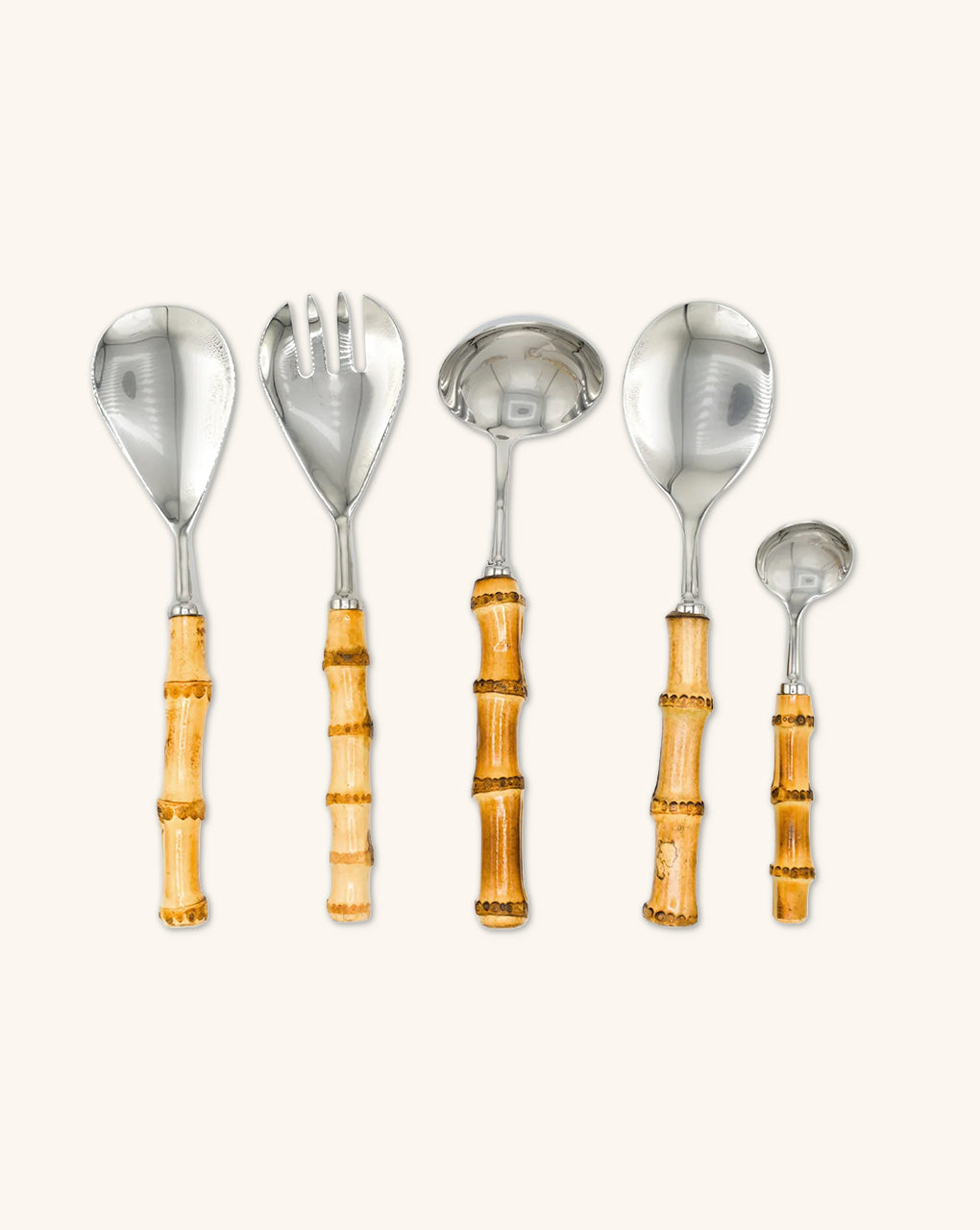 Juego de 5 Cubiertos para Servir con Mango de Bambú Natural