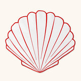 Juego de 4 Individuales en Forma de Concha en Loneta Blanca con Doble Orilla Bordada en Rojo