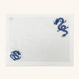 Juego de 4 Manteles Individuales en Lino Blanco con Bordado de Dragón Azul