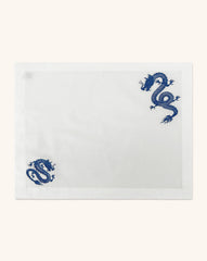 Juego de 4 Manteles Individuales en Lino Blanco con Bordado de Dragón Azul