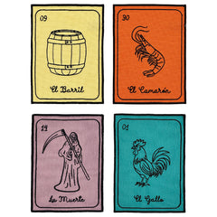 Cocteleras Lotería con Bordado Negro en Algodón de Colores. Set de 4. Vol. 3