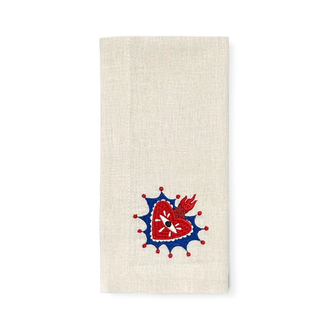Servilleta de lino arena con bordado de milagrito mexicano, marca Zash
