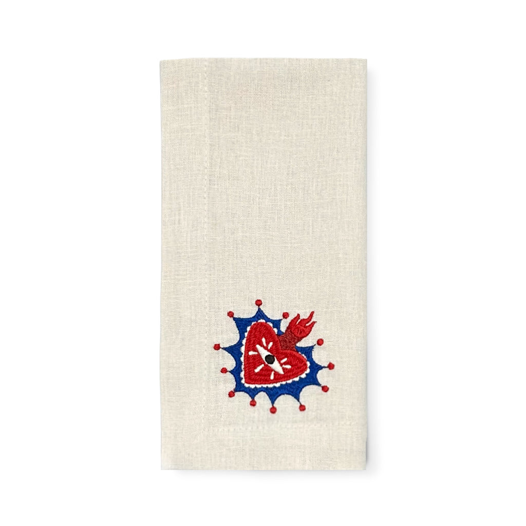 Servilleta de lino arena con bordado de milagrito mexicano, marca Zash
