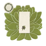 Mantelería Olivos con Individuales Blossom en Algodón Verde Olivo, Servilletas con Bordado de Aceitunas y Cocteleras con Bordado de Aceitunas en Lino Arena. Set para 4 personas
