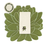 Mantelería Olivos con Individuales Blossom en Algodón Verde Olivo, Servilletas con Bordado de Aceitunas y Cocteleras con Bordado de Aceitunas en Lino Arena. Set para 4 personas