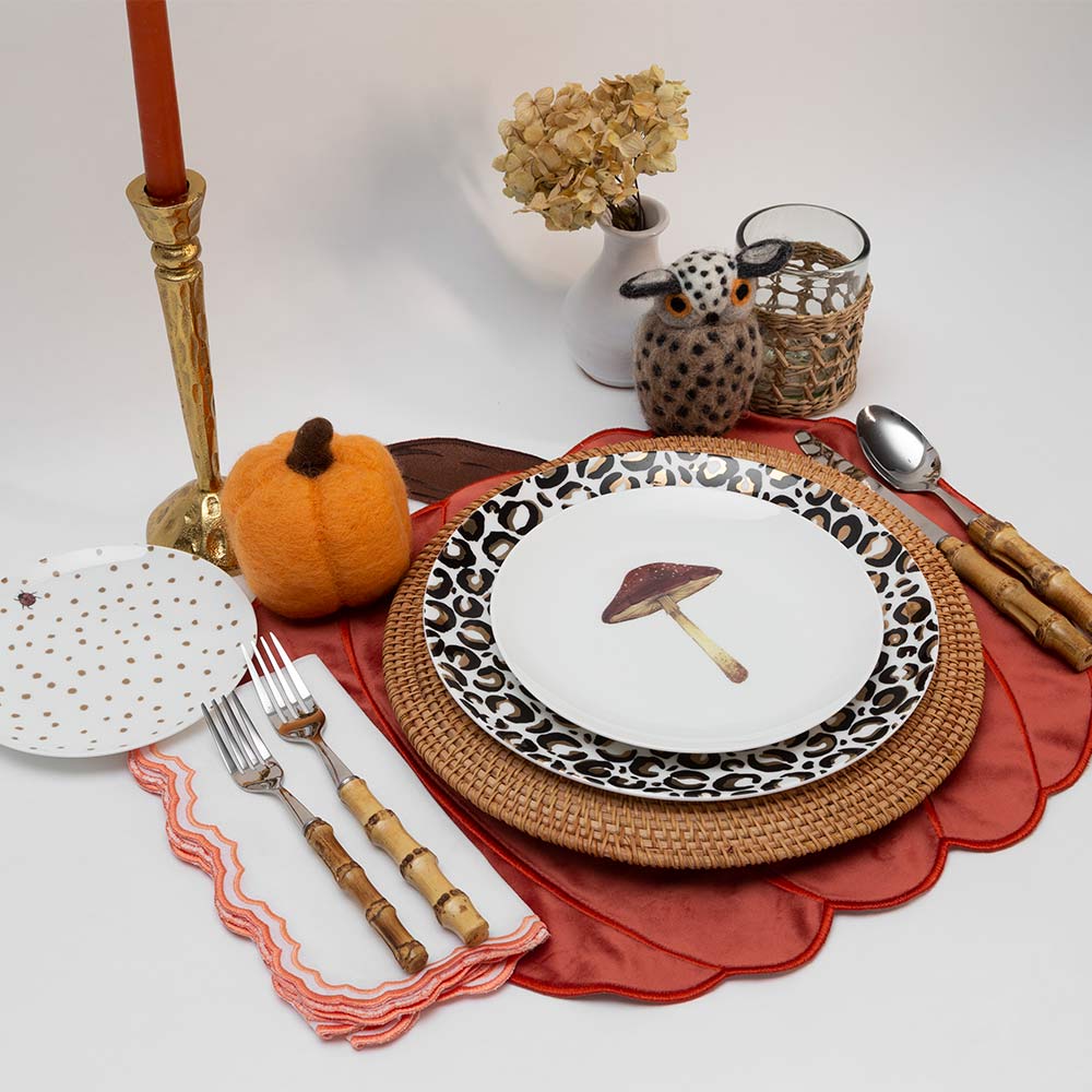 Set de Vajilla Wild Hongo para 4 Personas con Platos Trinche Cheetah Oro, Platos Ensalada Hongo, Platos Pan Catarina (12 piezas)