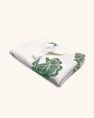 Mantel de Mesa Rectangular en Lino Blanco con Flores Verdes 3.7 x 2.7m