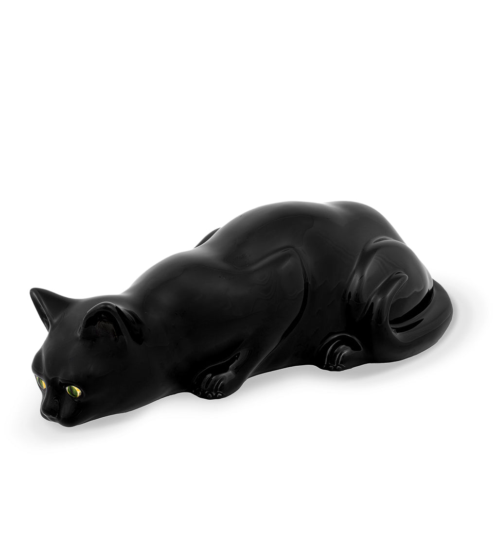 Figura de decoración de cerámica en forma de gato negro cazando, marca Bordallo Pinheiro