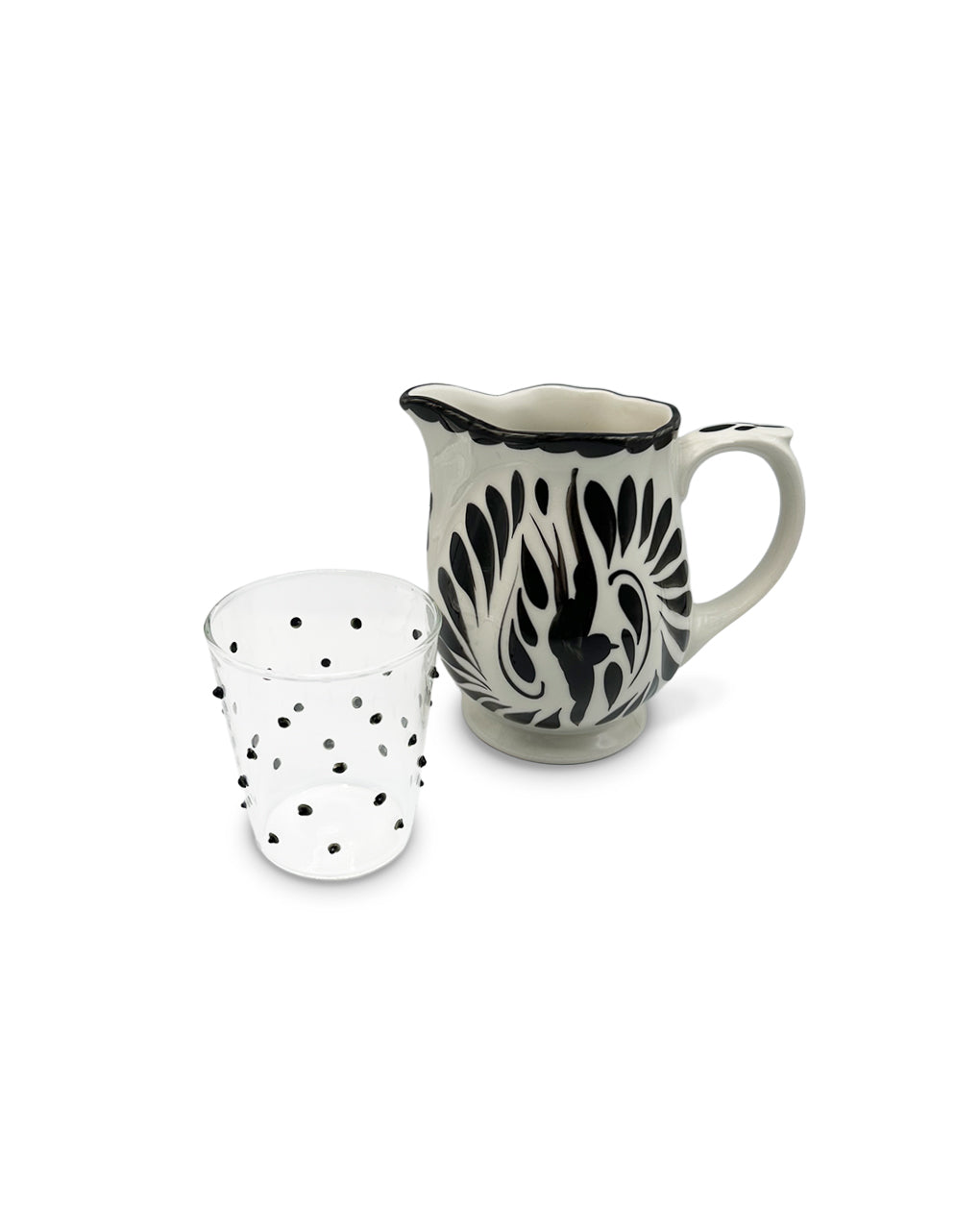 Set de jarra de cerámica con vaso de puntitos negros, marca Zash