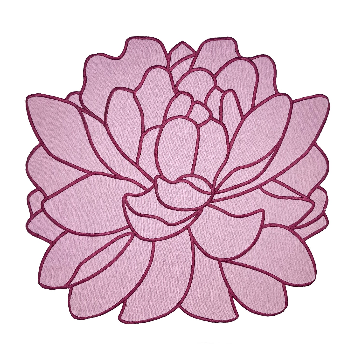 Mantel individual Blossom en forma de flor de loneta lila con orilla bordada en color berenjena, marca Zash