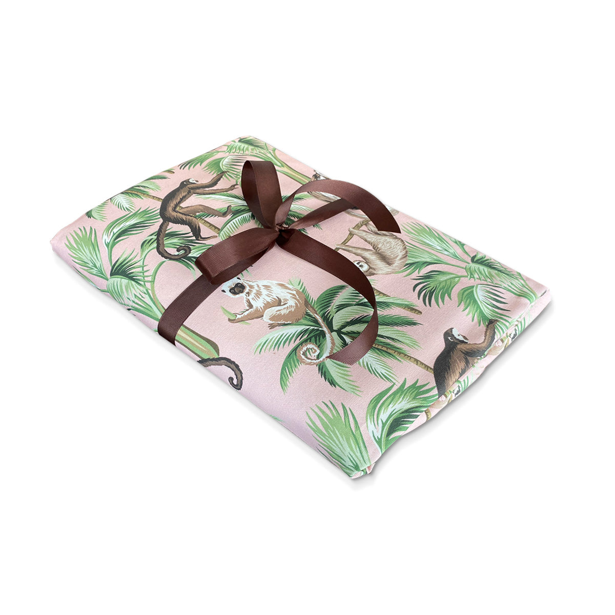 Mantel completo de Mesa Tropic en algodón rosa con changos y palmeras, marca Zash