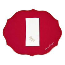 Set de mantelería con individuales de algodón rojo con frase "para siempre" bordada, y servilleta de lino con moño en ivory bordado, marca Zash