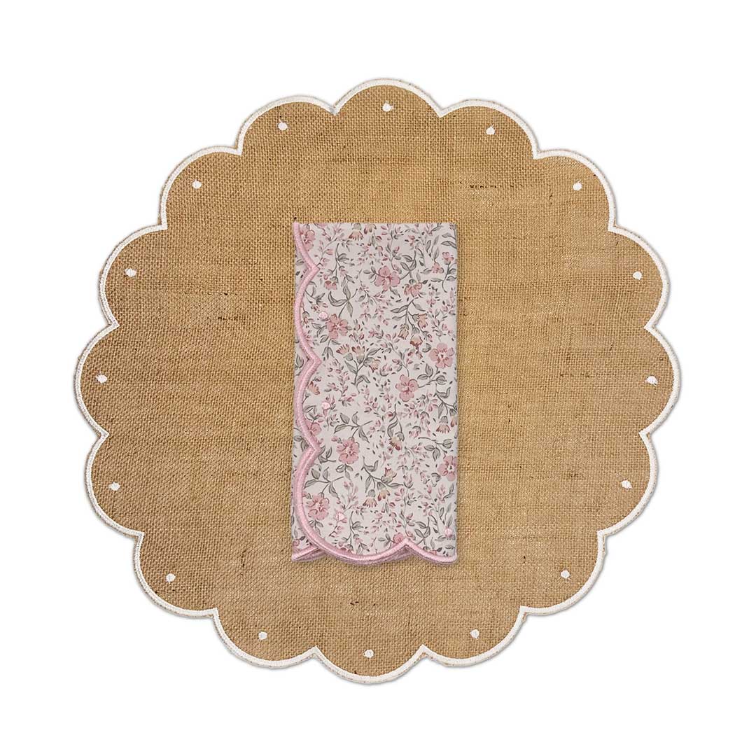 Set de mantelería con individuales de yute y servilleta de algodón de florecitas rosas, marca Zash