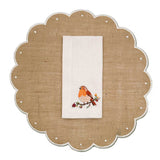 Individual Big Daisy de Yute con Orilla Bordada en Ivory y Servilleta en Lino Color Crudo con Bordado de Pajarito. Set para 4 personas