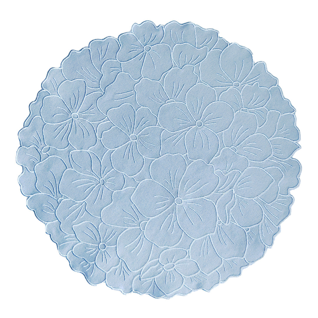 Mantel individual de algodón en forma de flor hortensia color azul plumbago, marca Zash