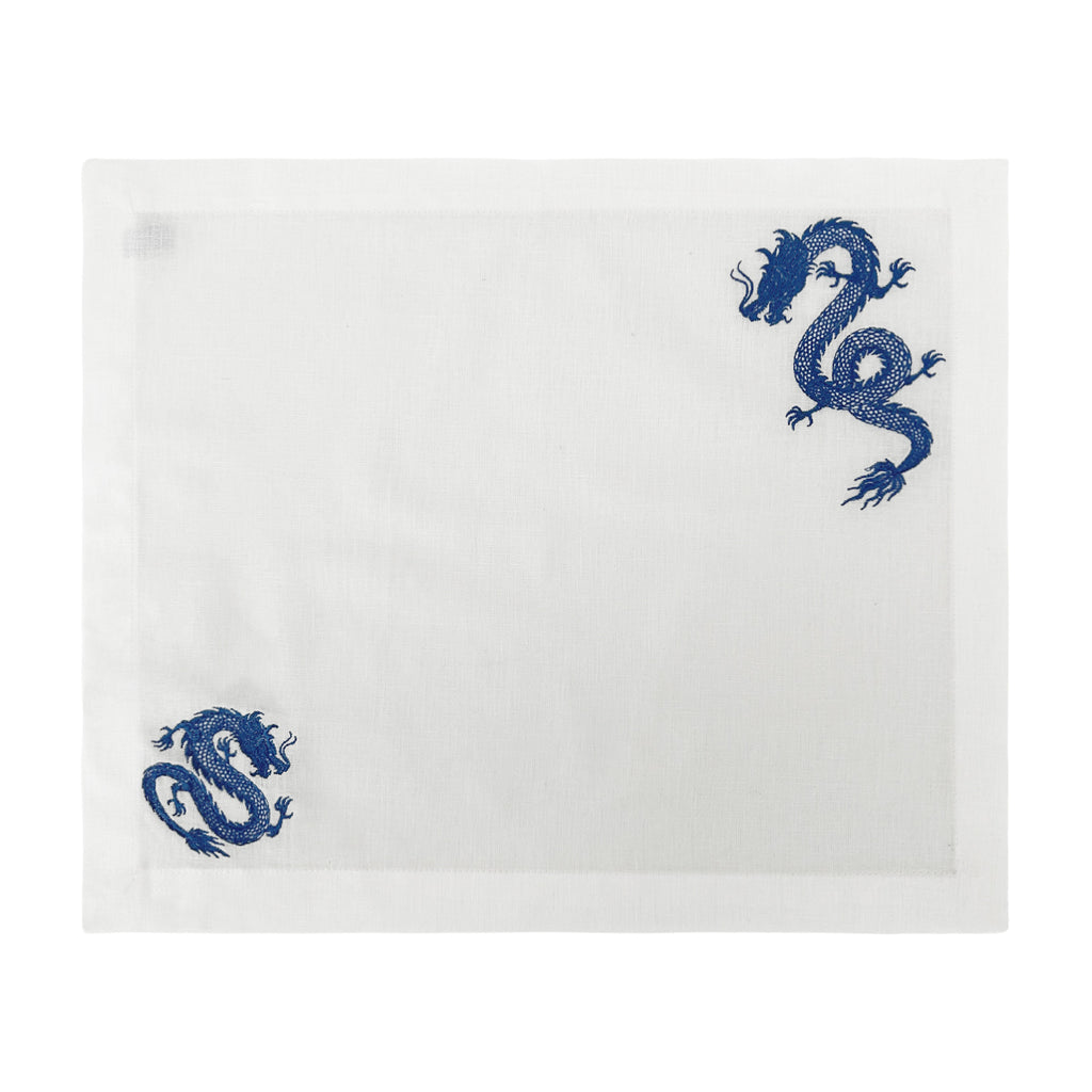 Manteles individuales de lino blanco con dragones bordados en azul, marca Zash