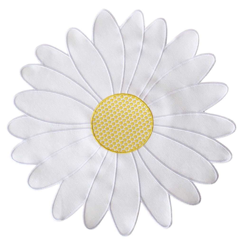 Mantel individual en forma de flor margarita en color blanco con centro amarillo, con orilla bordada, perfecto para mesas de primavera y verano