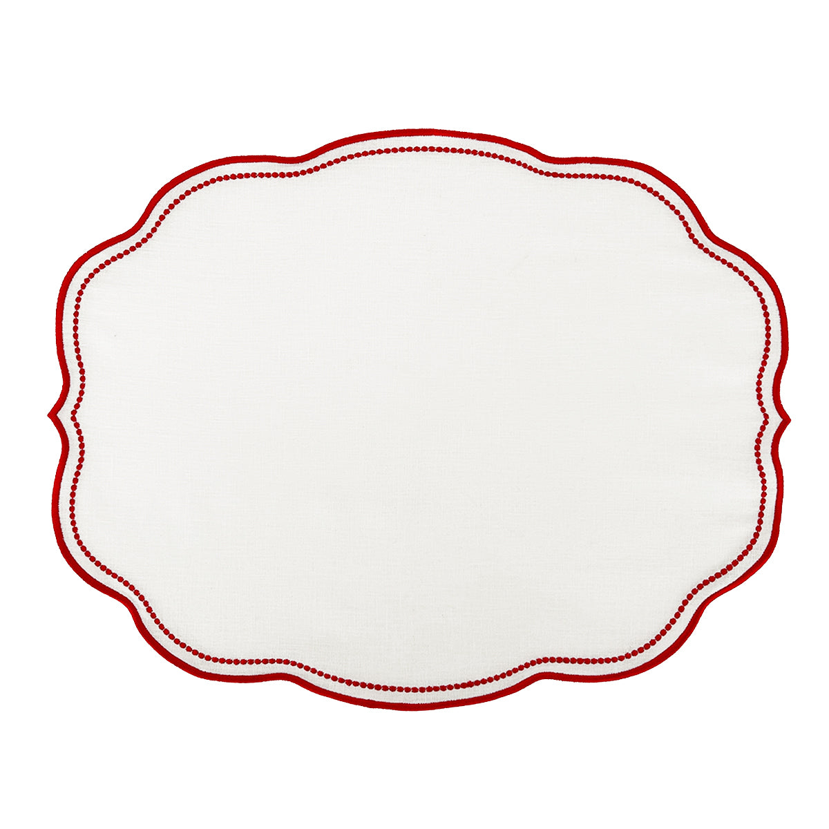 Mantel Individual en Lino Blanco con Doble Orilla Bordada en Rojo, marca Zash