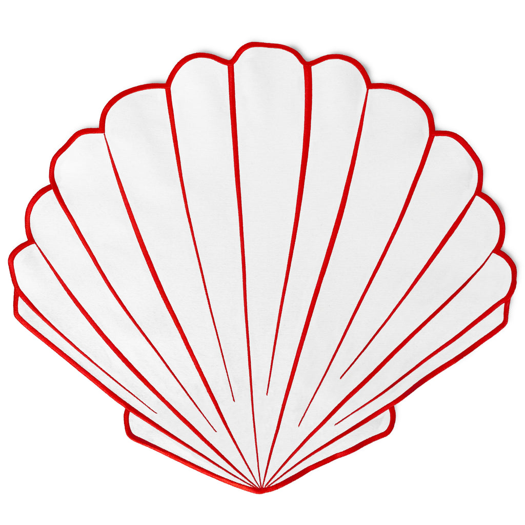 Mantel individual en forma de concha blanca con orilla bordada en rojo de la marca Zash, seashell place setting, para mesas de playa