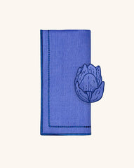 Mantelería Sofía con Servilleta y Servilletero Tulipán en Lino Azul y Bordado en Azul. Set para 4 personas