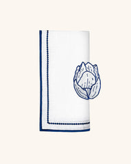 Mantelería Sofía con Servilleta y Servilletero Tulipán en Lino Blanco y Bordado en Azul. Set para 4 personas
