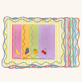 Mantelería Tutti-Frutti con Individual y Servilletas con Bordado de Frutas. Set para 4.