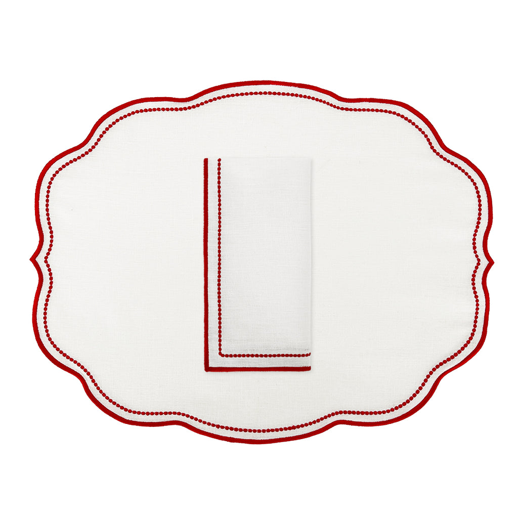 Set individual con servilleta Sofía en lino blanco con doble orilla bordada rojo, marca Zash